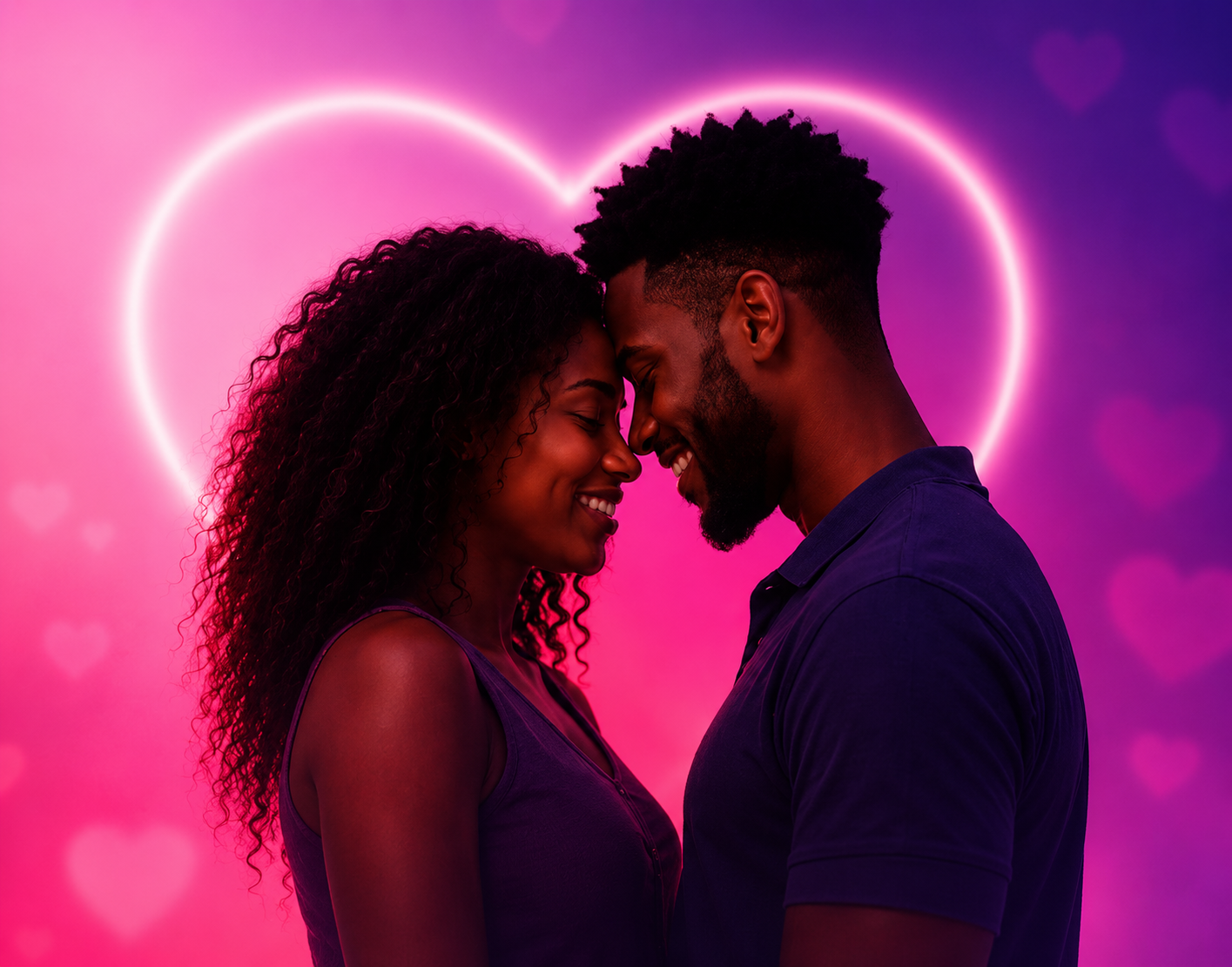 Casal sorrindo diante de um coração iluminado